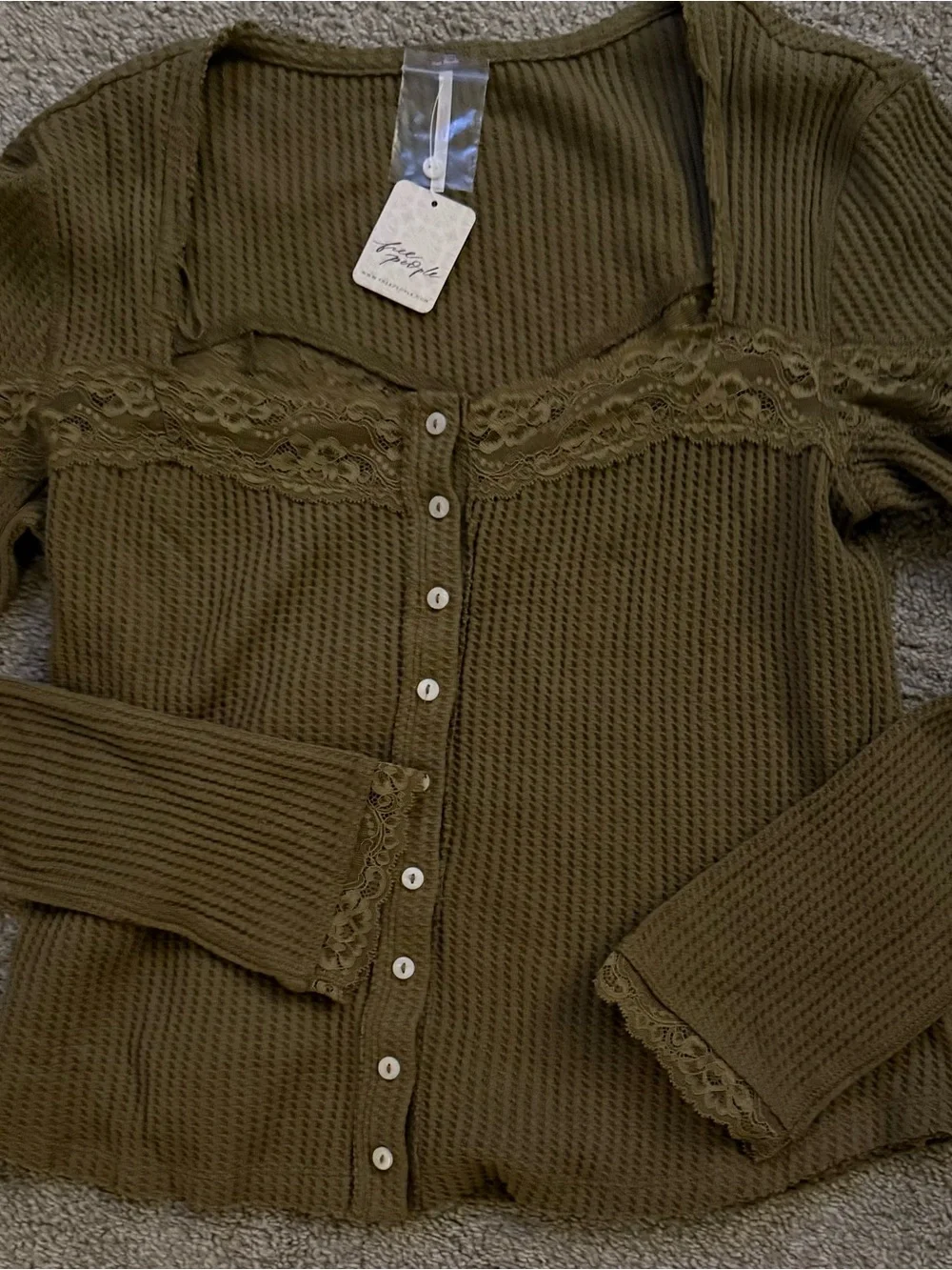 Free People Olive Waffle-Knit Lace Trim Top NWT